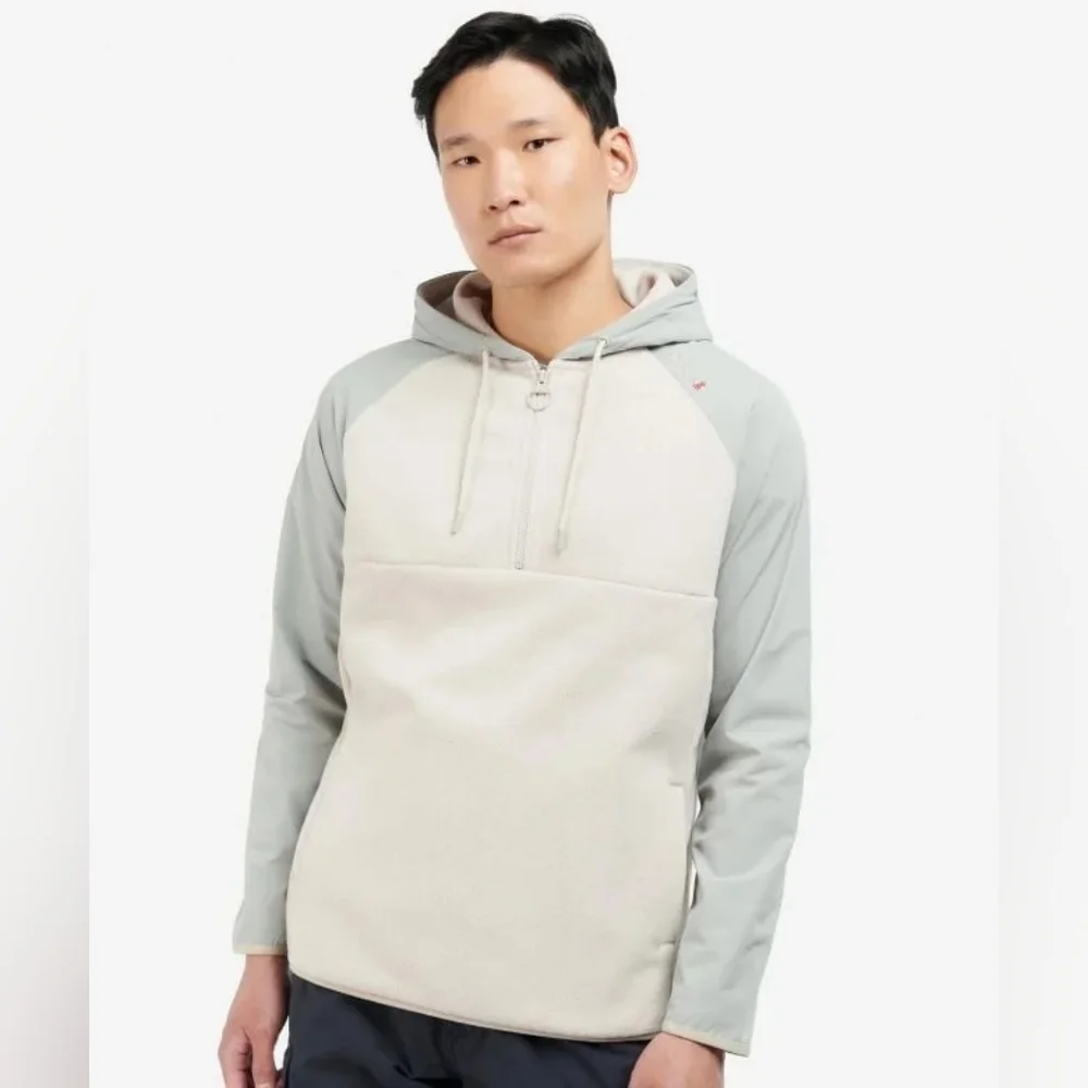 Barbour Men's Newfield Hybrid Fleece Hoodie Half Zip Pullover Grey Beige M - Picture 2 of 12